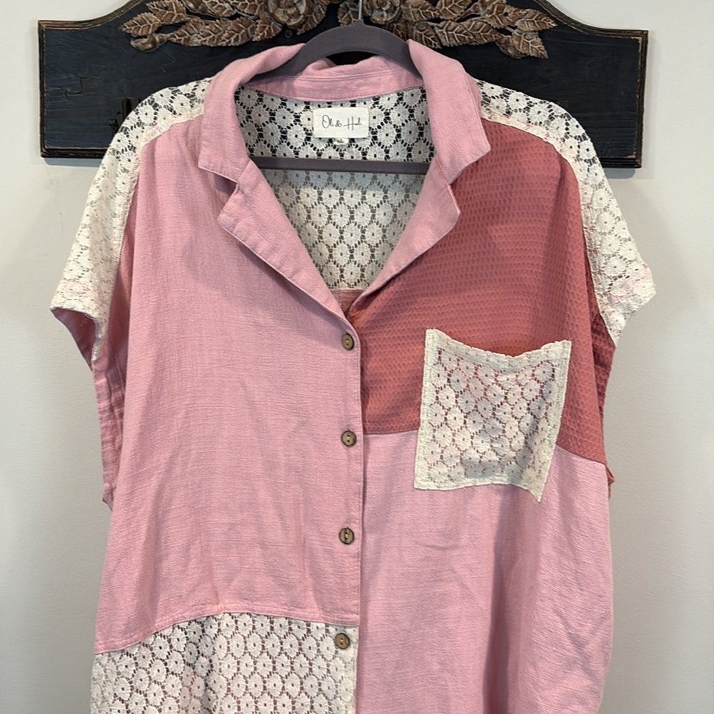 Oli & Hali Pink Patchwork Lace Linen Blend Oversized Top with Pockets Size L - Picture 3 of 8
